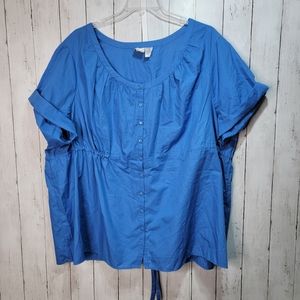 Roaman's Women's Blue Rolled Short Sleeve Button Front Shirt Tie Waist Size 32W.
